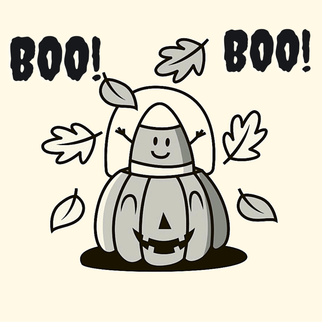 the little ghost inside for a pumpkin and leaves are flying 