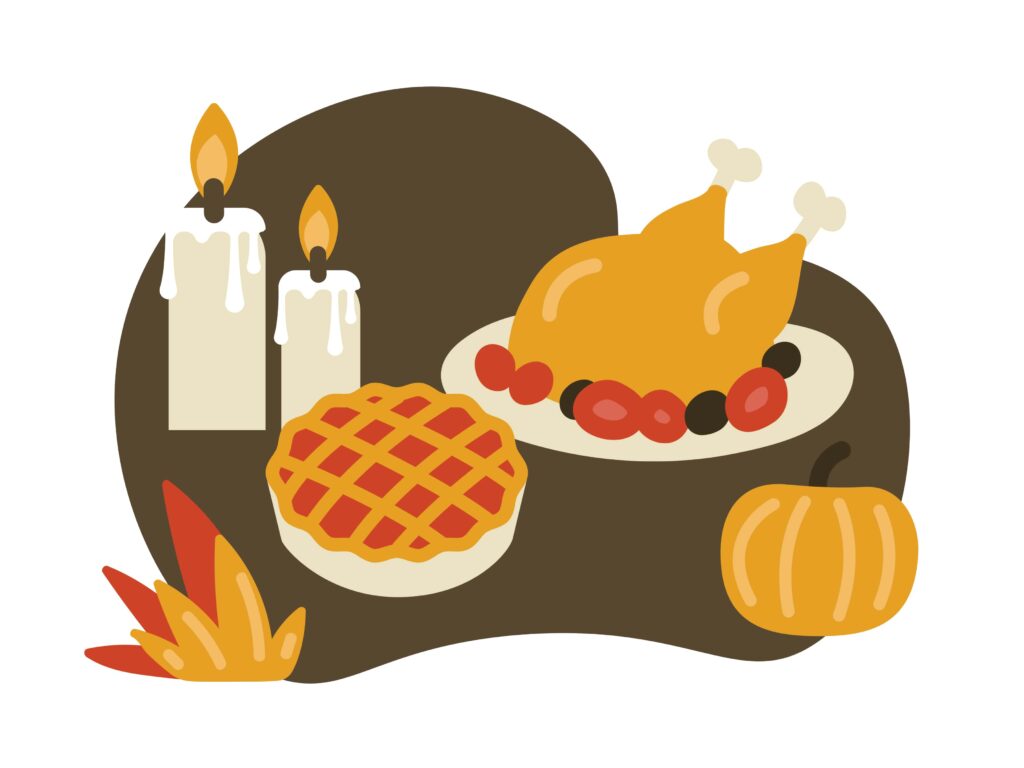 in this frame, there are a candle, cake, pumpkin, and roasted chicken 